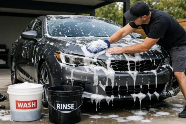 Pravilno ručno pranje automobila u hladu s mikrofiber rukavicom i pjenom za očuvanje laka bez mikro ogrebotina