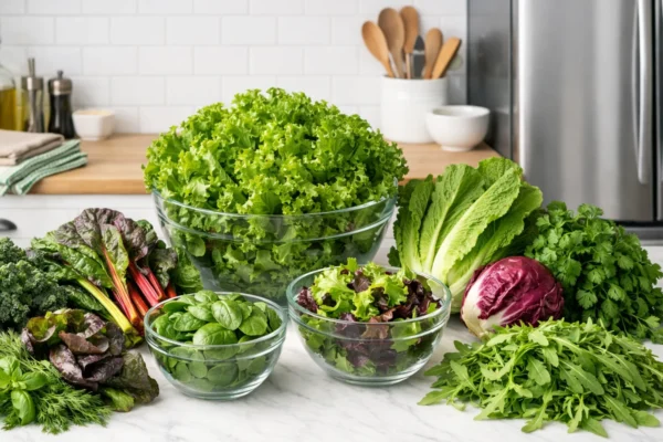 Svježa salata u kuhinji prije pravilnog pranja i čuvanja, hero slika za članak o očuvanju hrskavosti