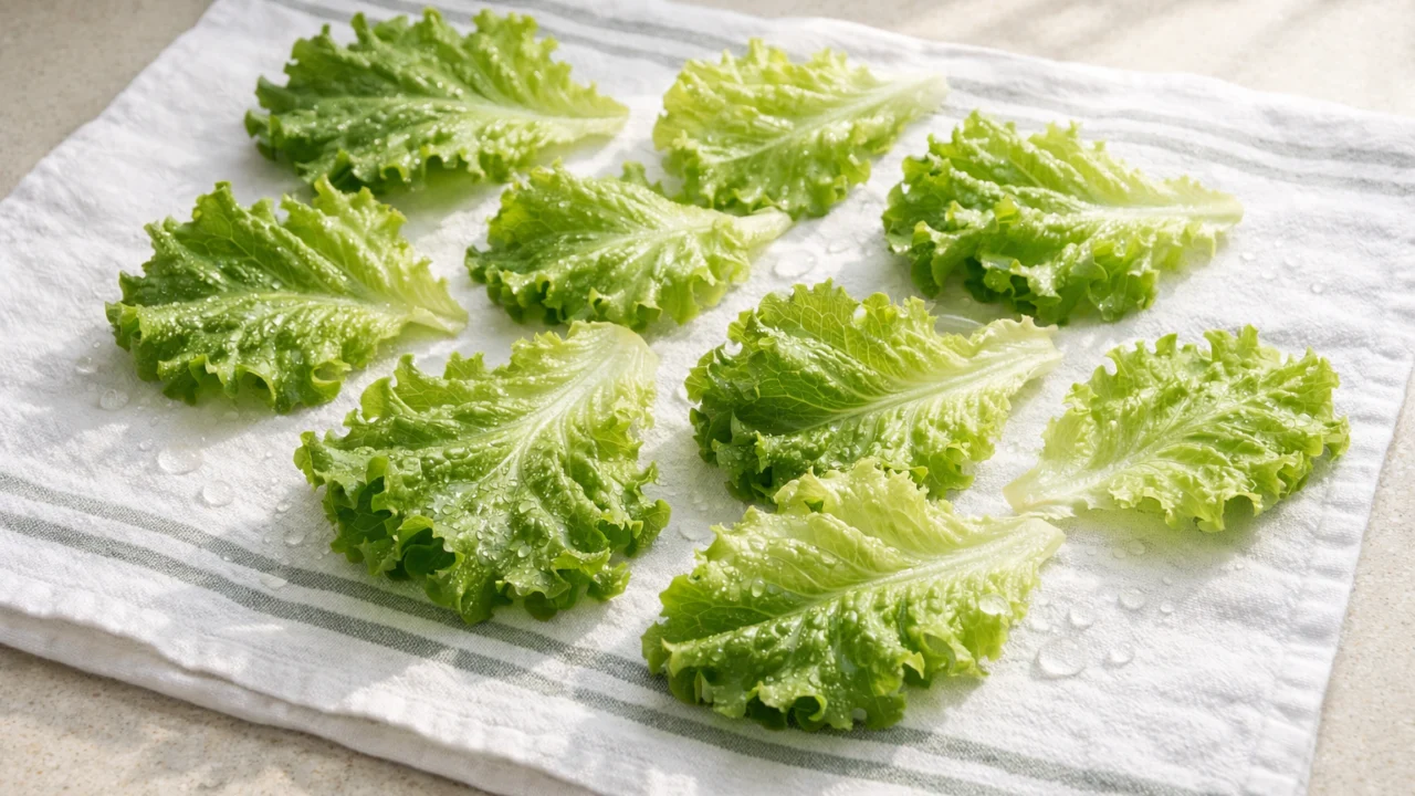 Sušenje listova salate na kuhinjskoj krpi prije spremanja u hladnjak radi očuvanja svježine