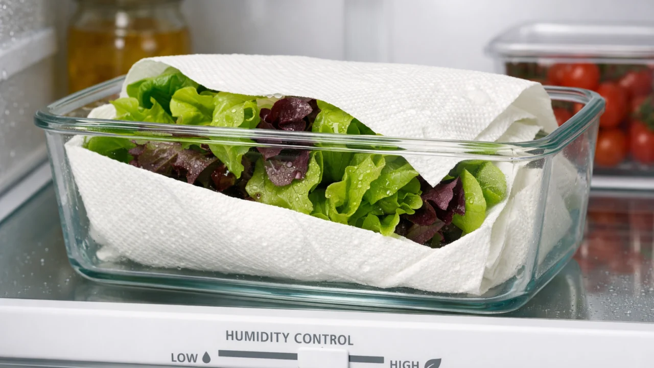 Spremanje oprane salate u posudu s papirnatim ubrusom za idealnu vlagu u hladnjaku