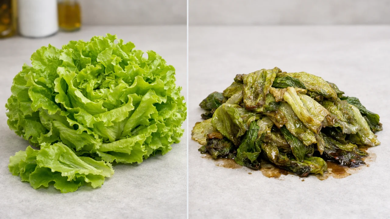 Usporedba svježe hrskave salate i uvele sluzave salate zbog nepravilnog čuvanja