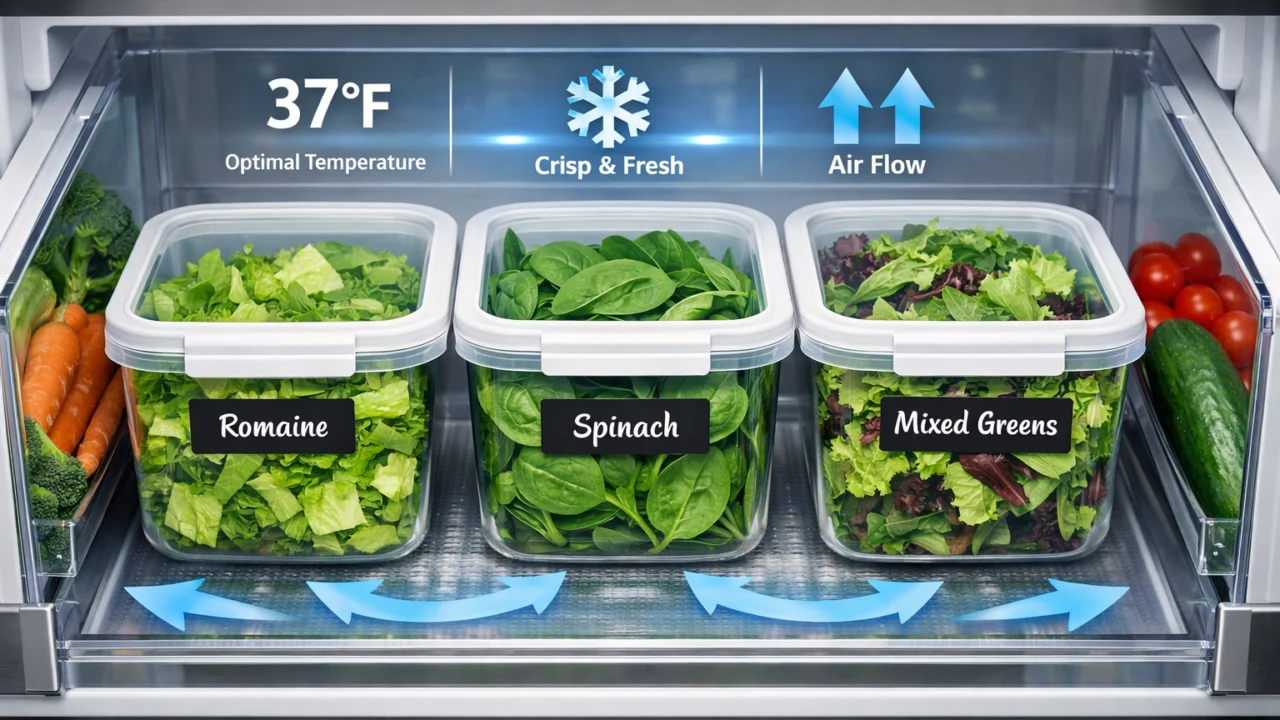 Ispravno organizirana ladica hladnjaka za čuvanje salate na idealnoj temperaturi 2 do 5 stupnjeva