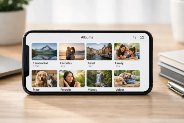 Organizirane fotografije na pametnom telefonu prikazane kroz urednu galeriju i albume
