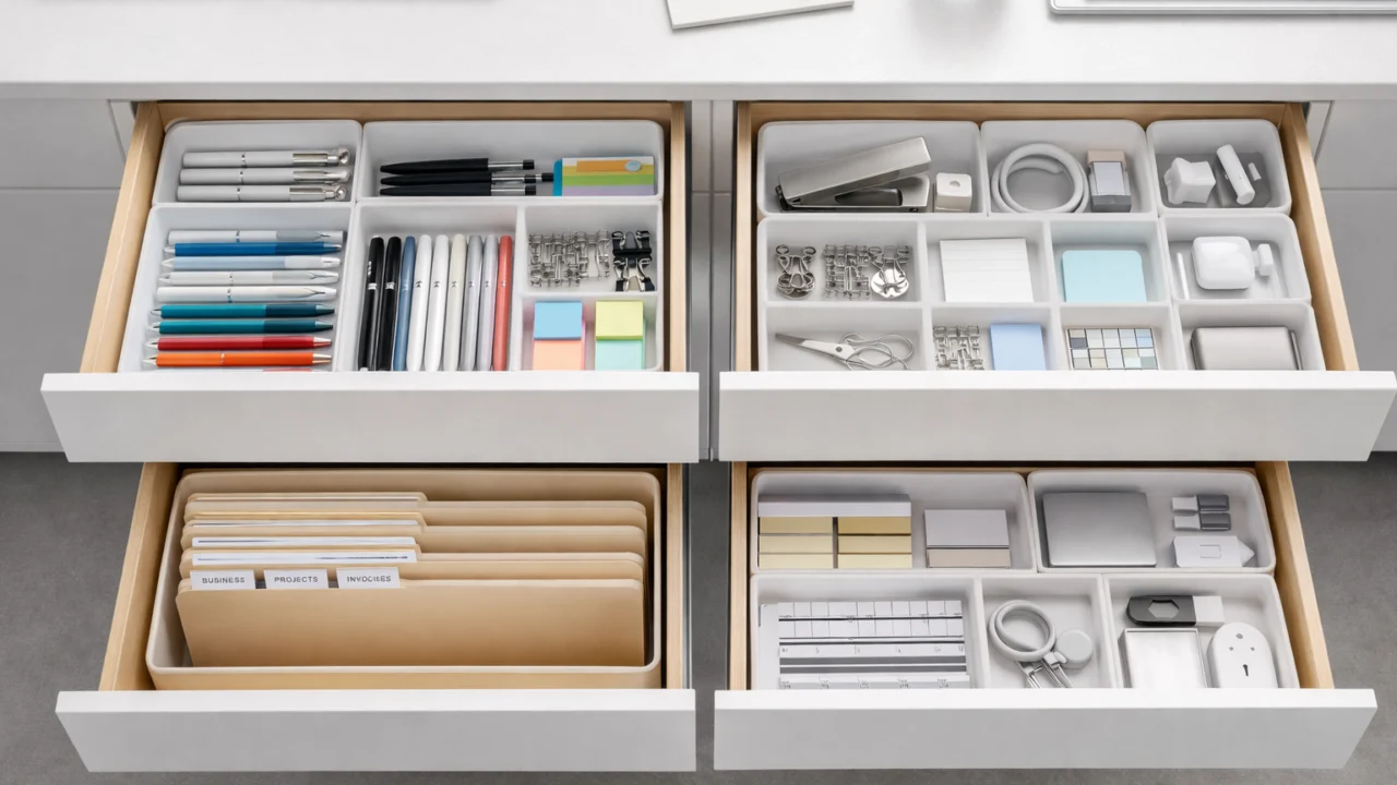 Organizirane ladice radnog stola s jasno raspoređenim uredskim priborom za učinkovitiji rad