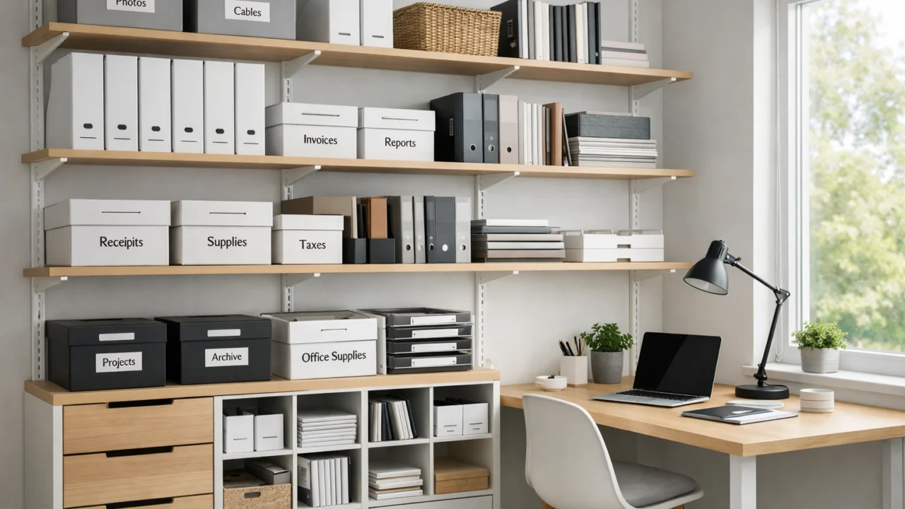 Police s označenim kutijama za pohranu koje pomažu u boljoj organizaciji radnog prostora