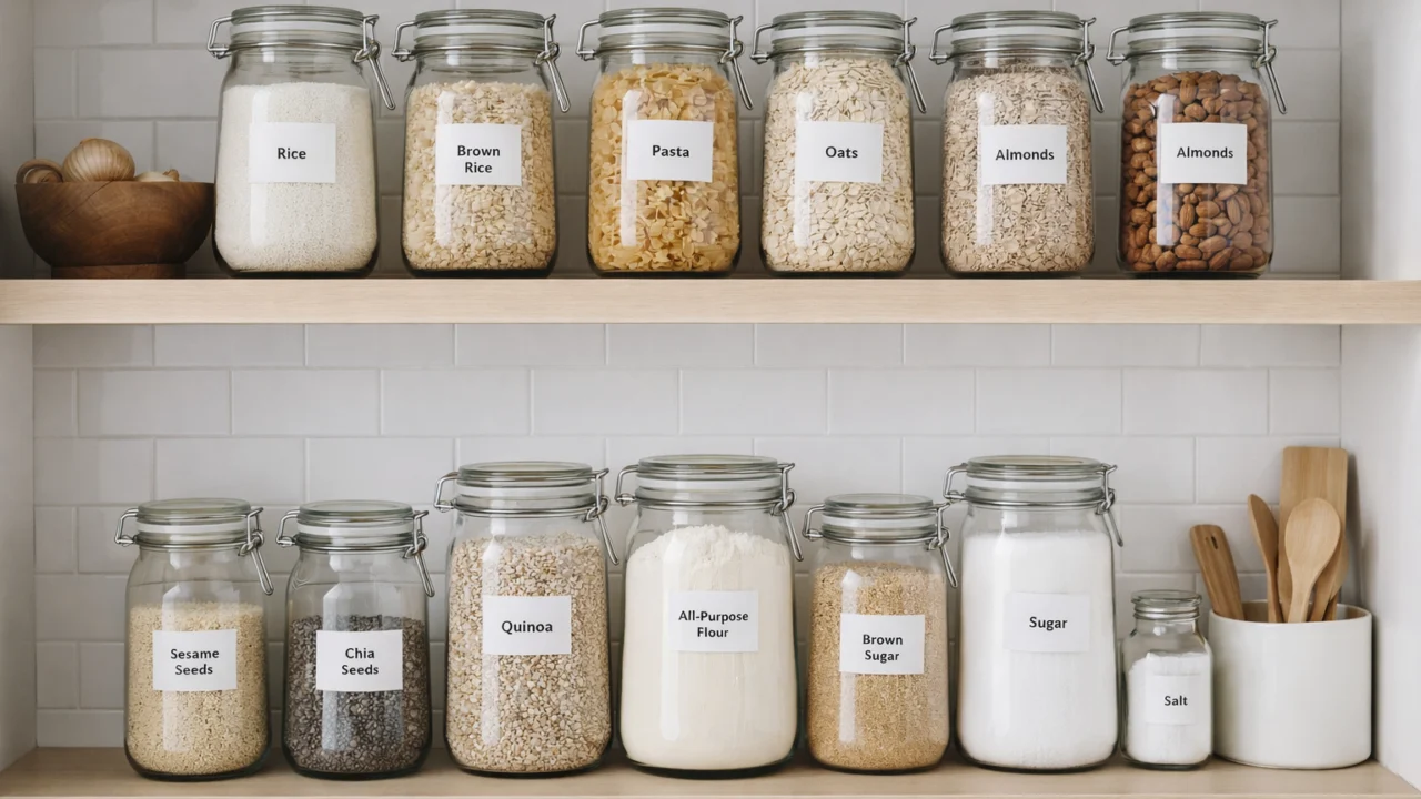 Smočnica s označenim staklenim posudama za brašno, rižu i tjesteninu radi lakšeg praćenja zaliha