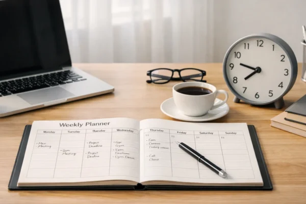 Uredan radni prostor s planerom i laptopom koji simbolizira organizaciju tjedna i bolje upravljanje vremenom