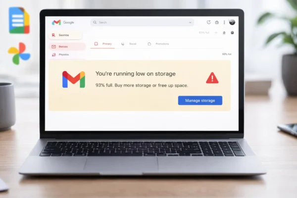 Prikaz Gmail obavijesti o gotovo punoj pohrani na laptopu koji simbolizira problem nedostatka prostora u Gmailu