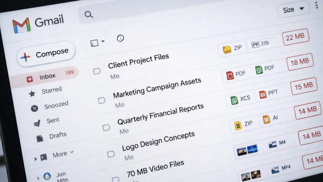Gmail sandučić s istaknutim e-mailovima velikih privitaka koji zauzimaju najviše prostora