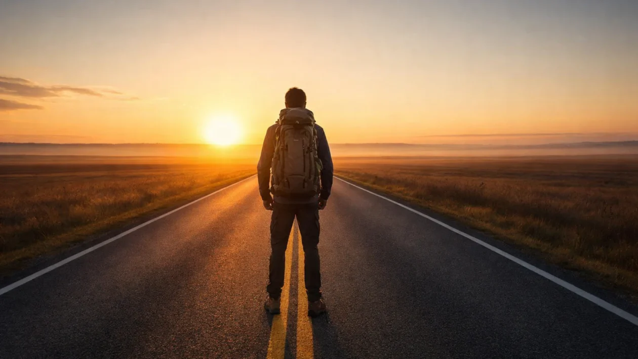 Osoba na dugom putu pri izlasku sunca simbolizira ustrajnost i kako ostati motiviran kada rezultati kasne