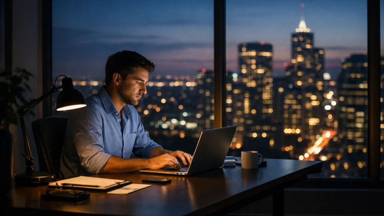 Poduzetnik koji radi navečer simbolizira unutarnju motivaciju unatoč sporim rezultatima