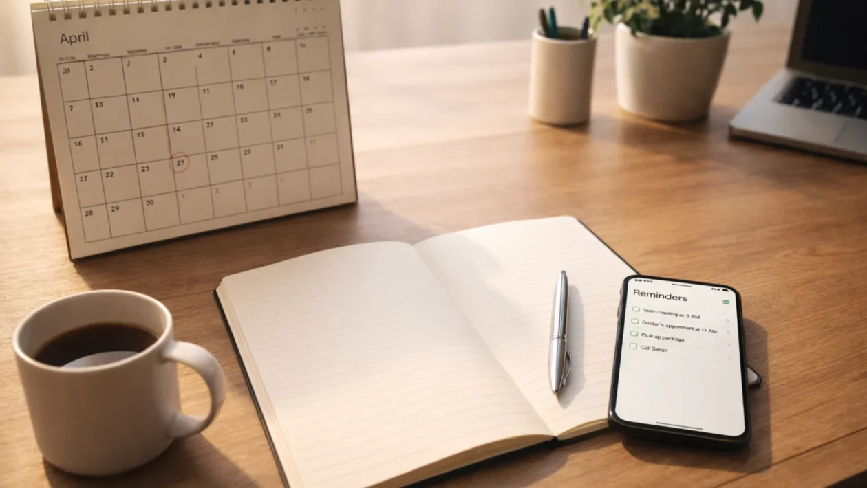 Planiranje dana u uvjetima nedostatka vremena, radni stol s planerom, kalendarom i mobitelom za upravljanje obavezama