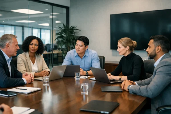 Profesionalni tim na kratkom poslovnom sastanku u modernoj konferencijskoj sali s jasnim fokusom i ciljem