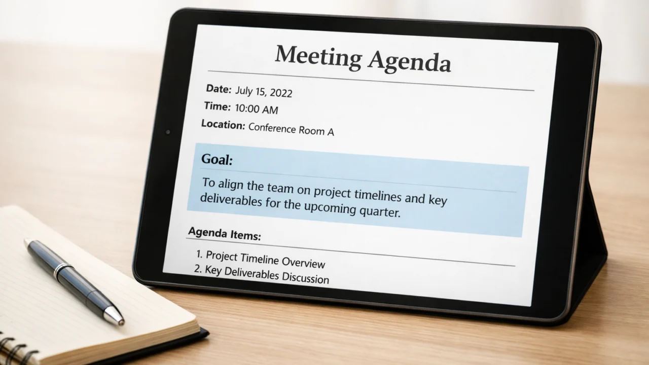 Jasno definiran cilj sastanka prikazan na digitalnom dnevnom redu na tablet uređaju