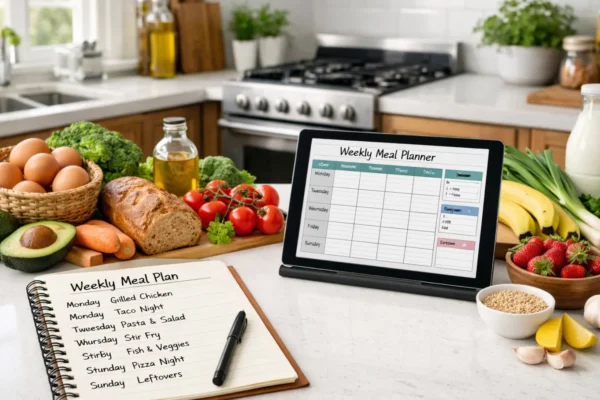 Planiranje obroka za tjedan u modernoj kuhinji s bilježnicom, tabletom i svježim namirnicama