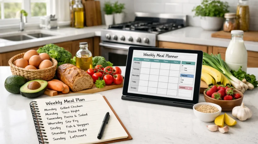 Planiranje obroka za tjedan u modernoj kuhinji s bilježnicom, tabletom i svježim namirnicama