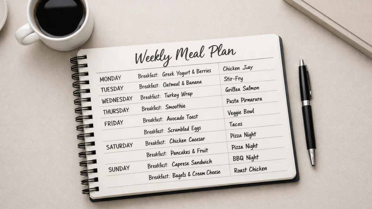 Tjedni plan obroka zapisan u bilježnici kao osnova za brže i organizirano kuhanje