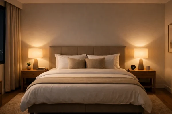 Smirujuća spavaća soba s toplim svjetlom koja simbolizira kvalitetan san i pravilnu večernju rutinu