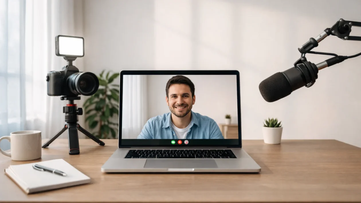 Profesionalni videopoziv s kvalitetnom kamerom, mikrofonom i urednom pozadinom u modernom kućnom uredu