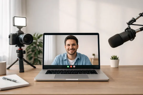 Profesionalni videopoziv s kvalitetnom kamerom, mikrofonom i urednom pozadinom u modernom kućnom uredu