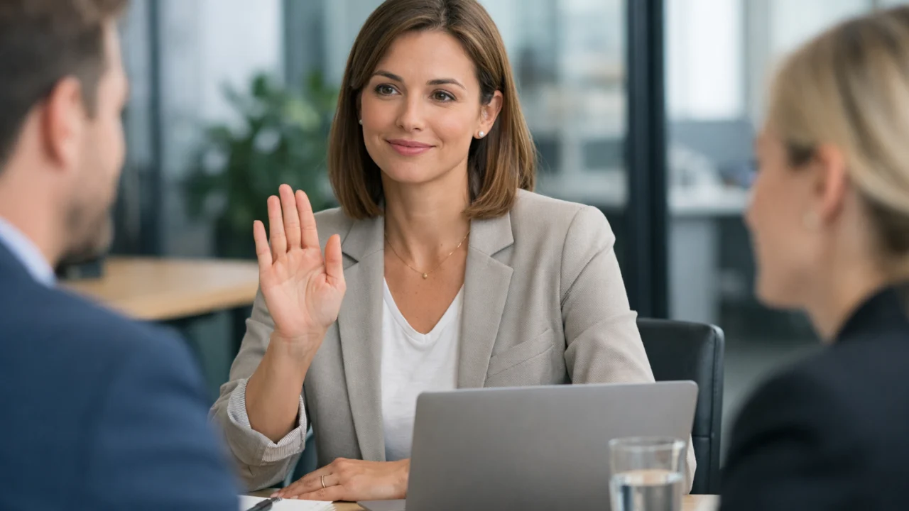 Žena na sastanku asertivno kaže ne bez krivnje, prikaz zdravih granica na poslu