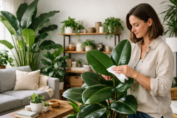 Čišćenje lišća sobnih biljaka u modernom interijeru poboljšava zdravlje biljaka i sprječava pojavu štetnika