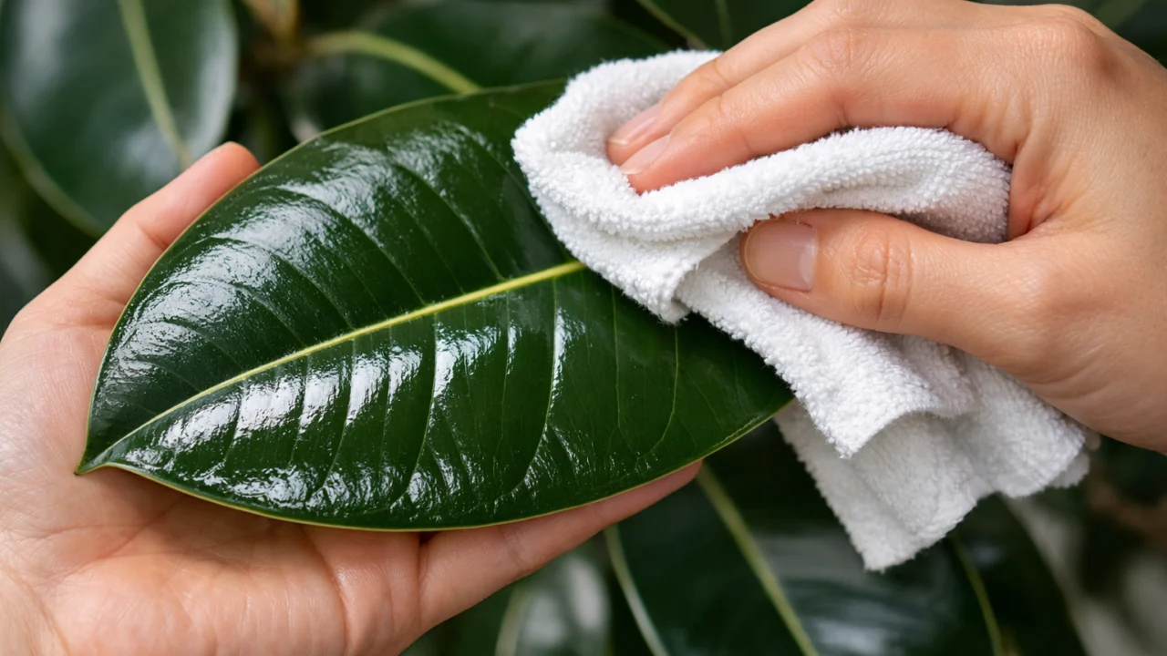 Pravilno brisanje lišća fikusa mekom krpom uklanja prašinu i poboljšava fotosintezu sobnih biljaka