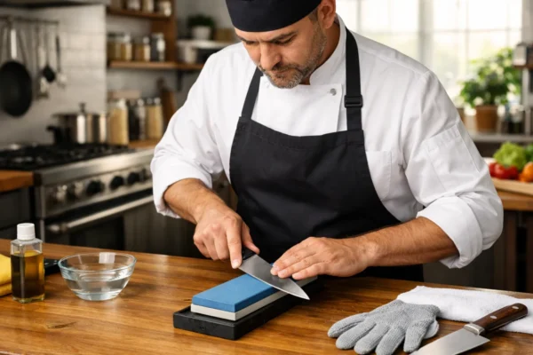 Pravilno oštrenje kuhinjskog noža na brusnom kamenu u modernoj kuhinji, fokus na sigurnost i pravilno održavanje