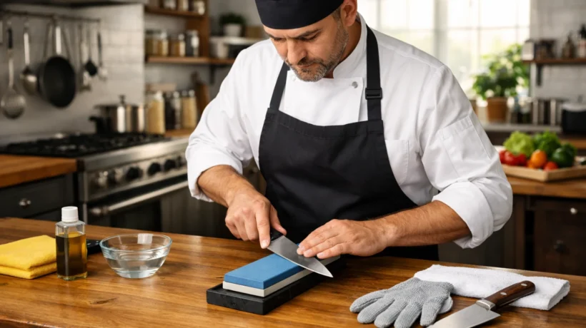 Pravilno oštrenje kuhinjskog noža na brusnom kamenu u modernoj kuhinji, fokus na sigurnost i pravilno održavanje