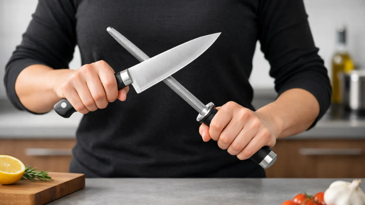 Ravnanje oštrice kuhinjskog noža čelikom za brušenje kao dio redovitog održavanja
