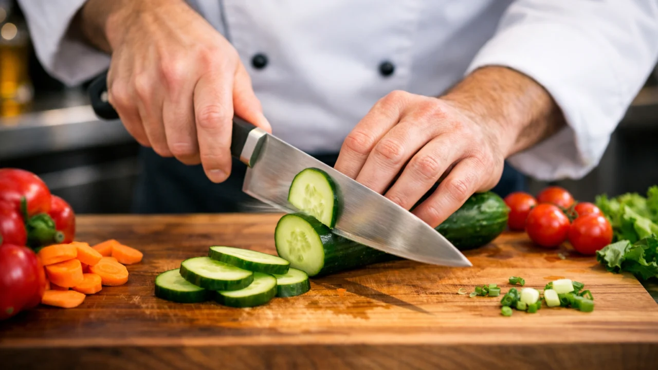 Sigurno korištenje oštrog kuhinjskog noža tijekom pripreme hrane uz pravilnu tehniku rezanja