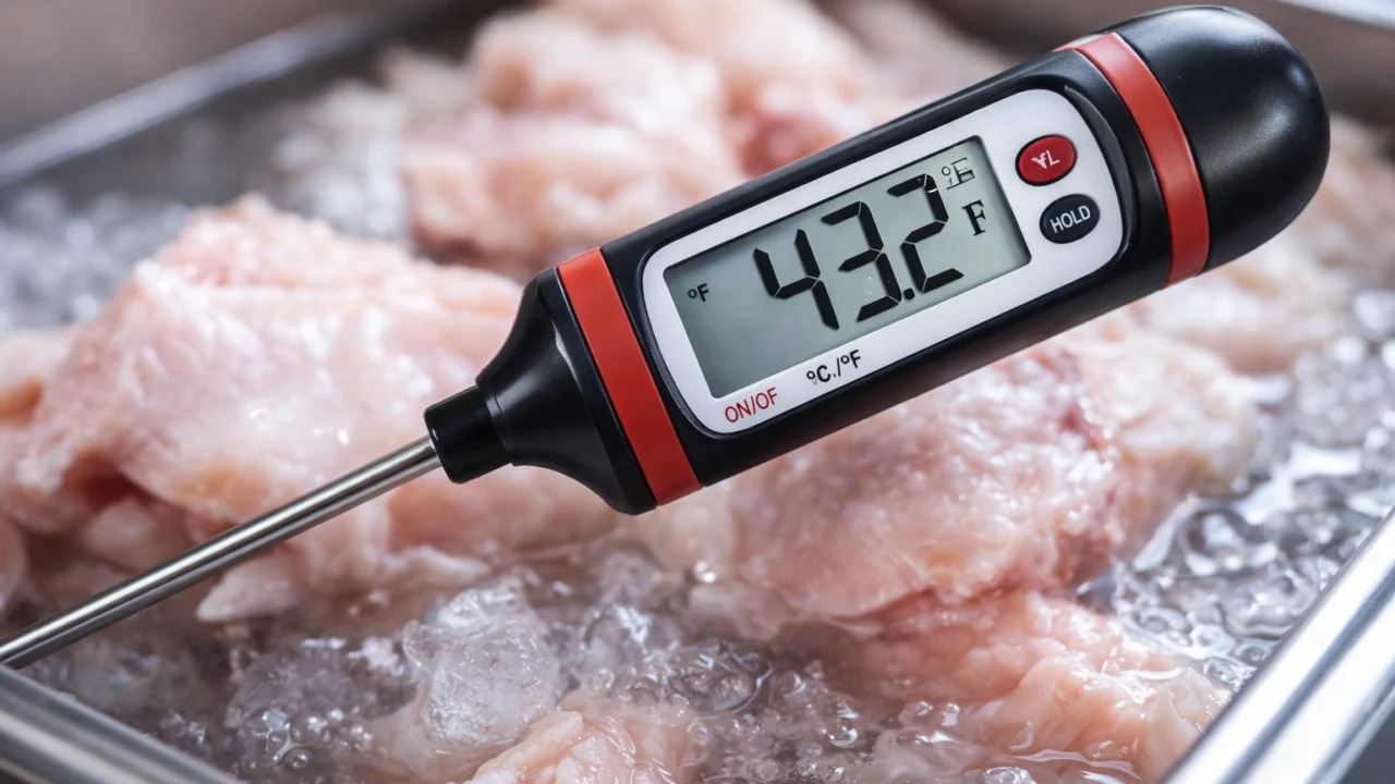 Mjerenje temperature hrane tijekom odmrzavanja radi izbjegavanja opasne zone rasta bakterija