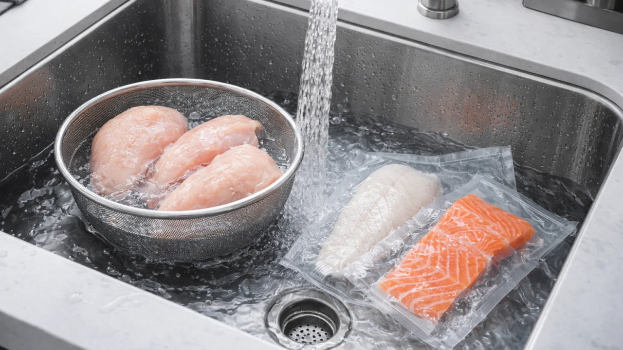 Odmrzavanje hrane pod hladnom vodom kao brza i sigurnija metoda u odnosu na sobnu temperaturu