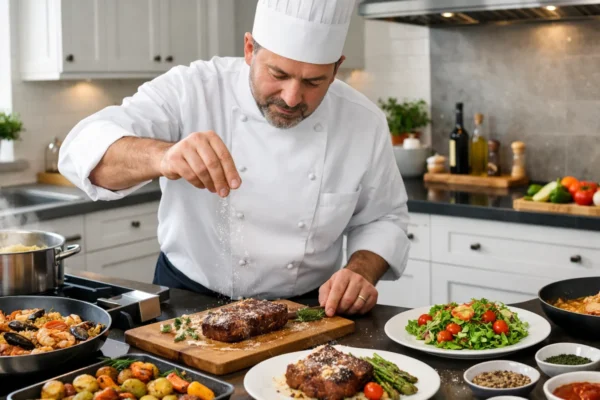 Profesionalni kuhar u modernoj kuhinji prikazuje pravilno soljenje jela tijekom kuhanja za uravnotežen okus