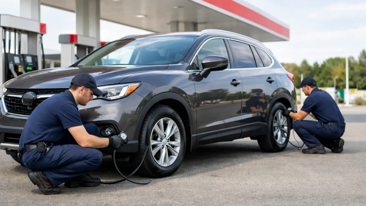 Provjera tlaka u gumama na modernom automobilu na benzinskoj postaji, pravilno održavanje guma za sigurnu vožnju
