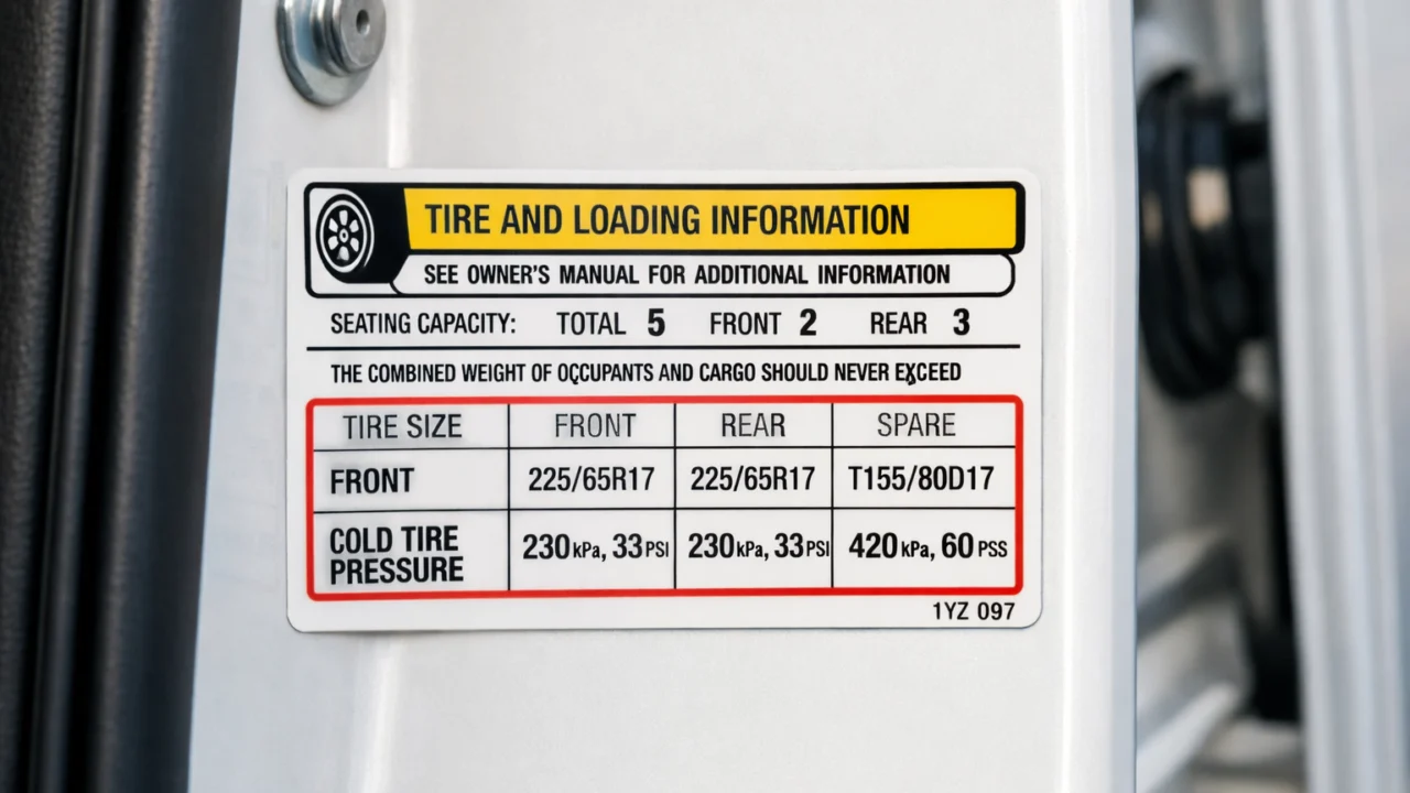 Naljepnica s preporučenim vrijednostima tlaka u gumama na okviru vrata vozila, važan podatak za pravilnu provjeru