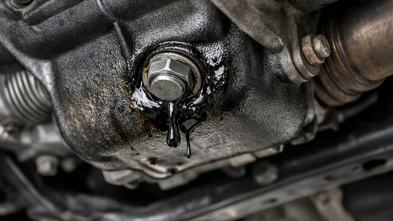 Detaljan prikaz curenja ulja na čepu kartera i brtvama motora