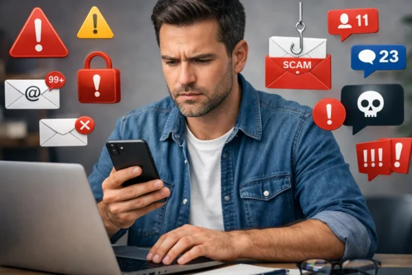 Digitalne prevare na internetu prikazane kroz sumnjive e-mailove i poruke na ekranu računala i mobitela