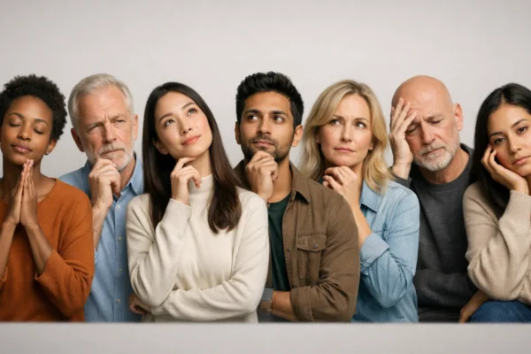 Različiti ljudi izražavaju emocije poput tuge, radosti i ljutnje, simbol emocionalne pismenosti i prepoznavanja osjećaja