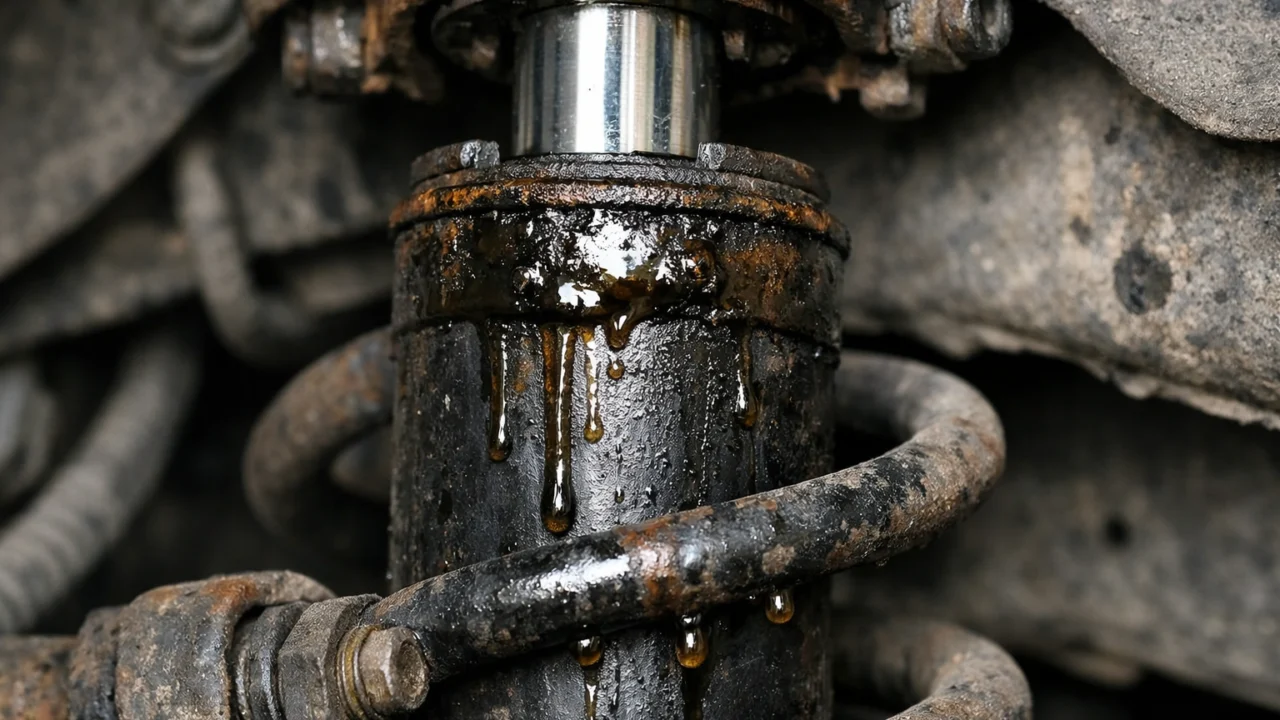 Istrošeni amortizer s curenjem ulja kao jasan znak kvara i smanjene sigurnosti vožnje