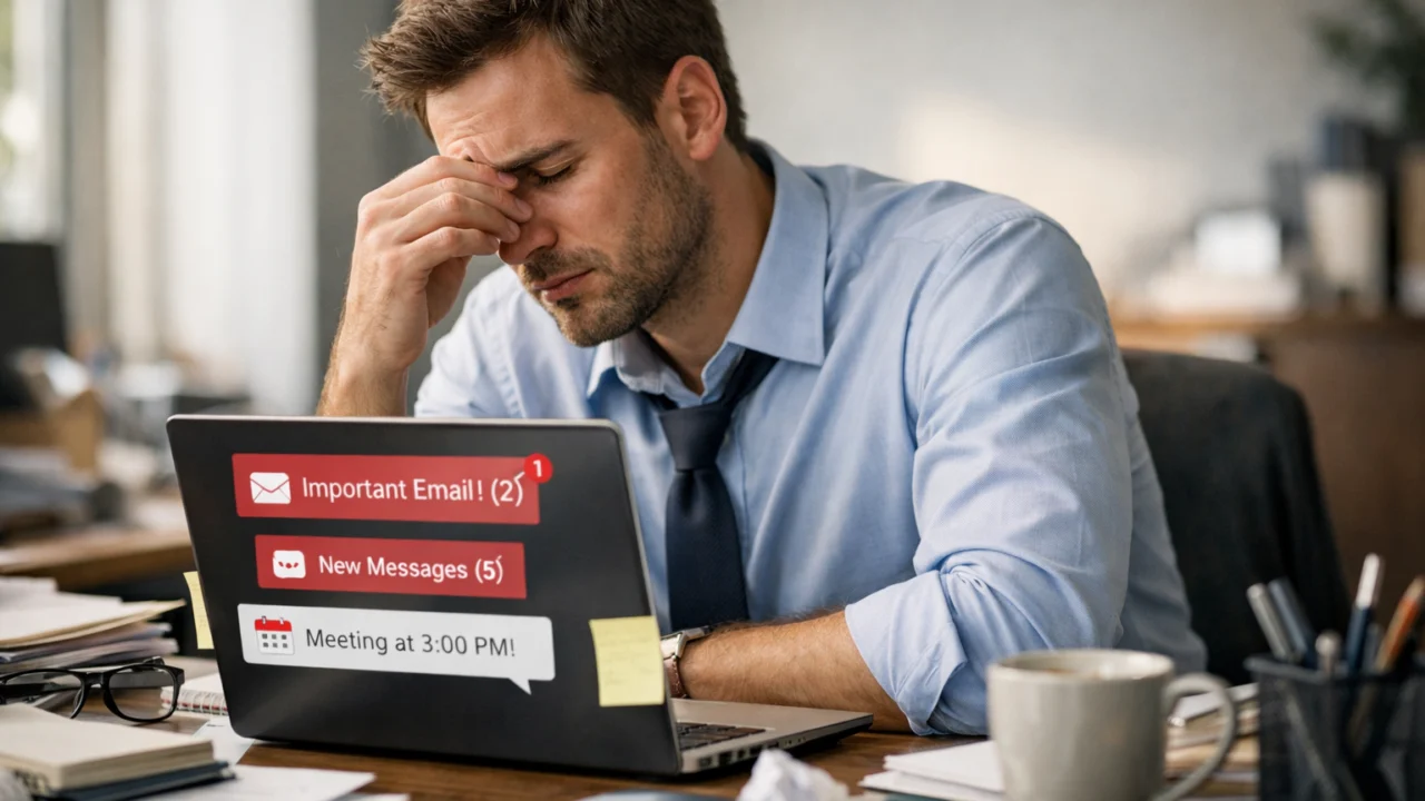 Umoran zaposlenik pod stresom za radnim stolom, rani znakovi iscrpljenosti i potrebe za odmorom