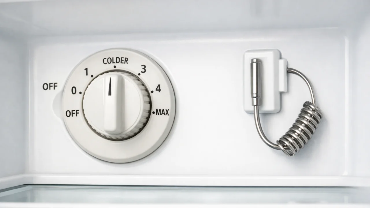 Detaljan prikaz termostata hladnjaka i provjere temperature kao znak mogućeg kvara