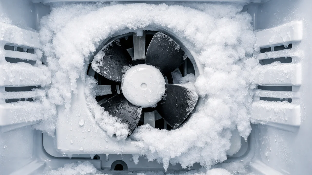 Ventilator hladnjaka blokiran ledom koji uzrokuje lošu cirkulaciju zraka i neispravno hlađenje