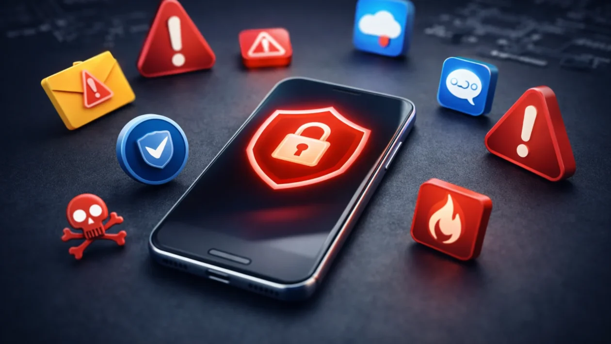 Pametni telefon okružen sigurnosnim i upozoravajućim ikonama koje simboliziraju lažne aplikacije i digitalne prijetnje