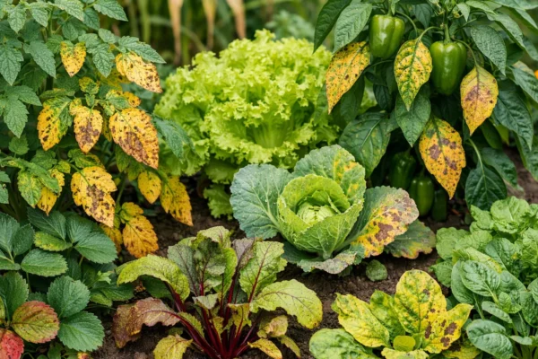 Različite biljke s vidljivim simptomima manjka hranjiva na lišću, usporedba zdravih i oštećenih listova