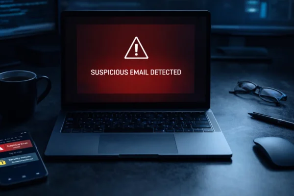 Radni stol s laptopom i pametnim telefonom koji prikazuju phishing email i lažne poruke, ilustracija kibernetičke sigurnosti