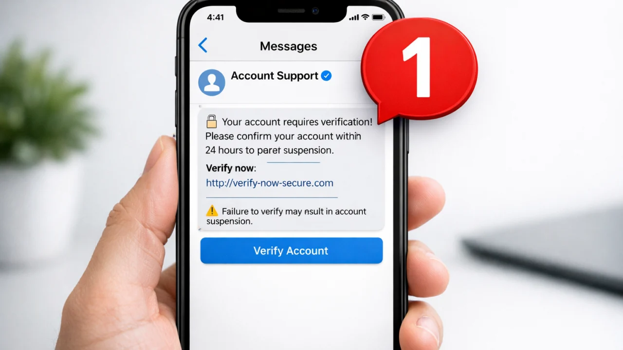 Lažna poruka na društvenoj mreži koja traži potvrdu računa, tipičan primjer phishing napada