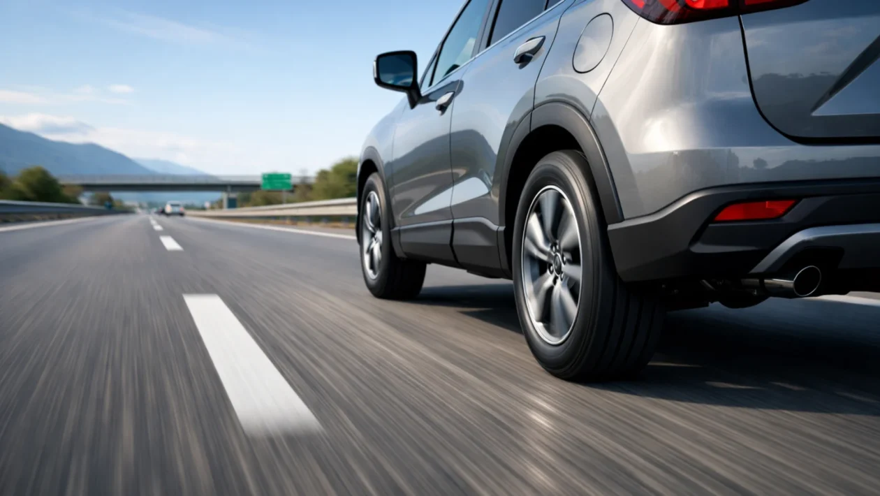 Automobil u vožnji s fokusom na kotače, ilustracija važnosti ispravnog ležaja kotača za sigurnost vožnje