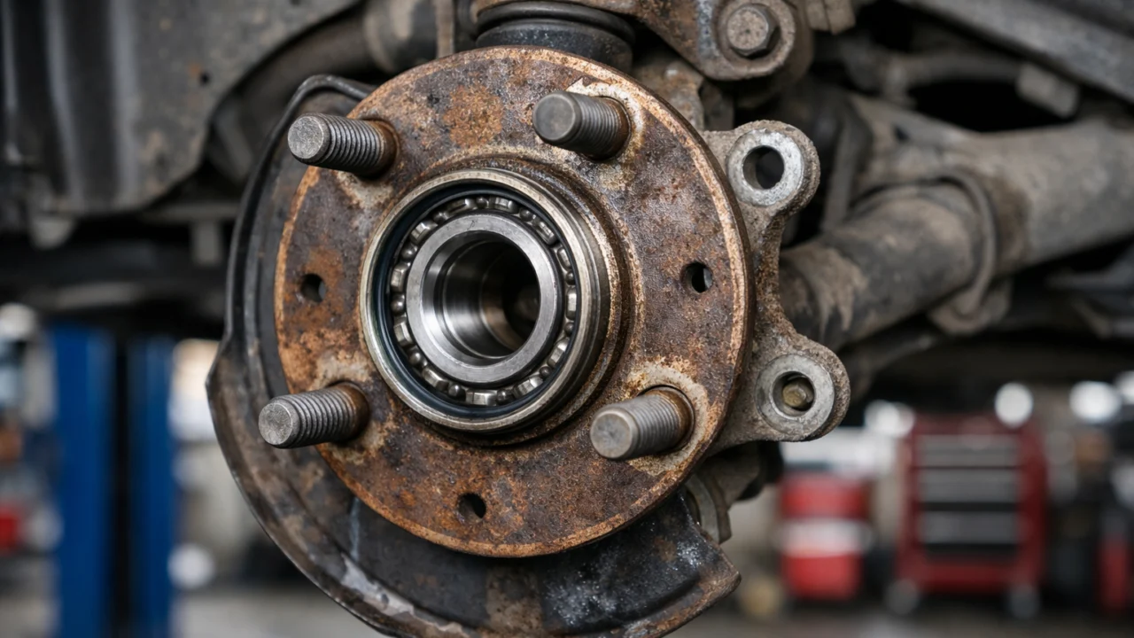 Detaljan prikaz ležaja kotača na podignutom vozilu, znakovi trošenja i potencijalni kvarovi ležaja