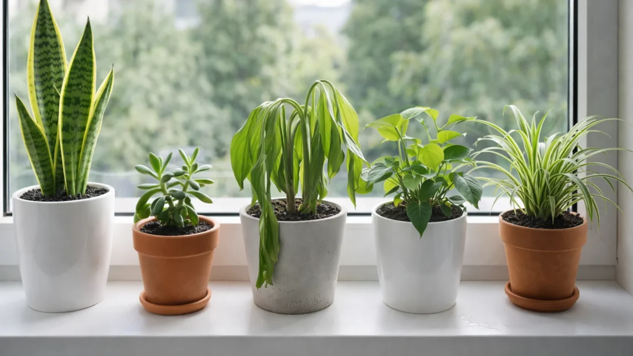 Široki prikaz sobnih biljaka na prozorskoj dasci, s jednom koja pokazuje znakove truleži korijena zbog prekomjernog zalijevanja